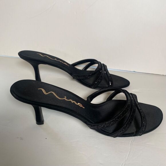 Nina Black Glitter Strap Heels Sandals Size 10 M Satin Kitten Heel 2.5” Dressy - Picture 1 of 9